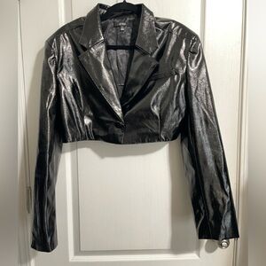 AFRM Black Patent Faux Leather Cropped Blazer Jacket Size Medium